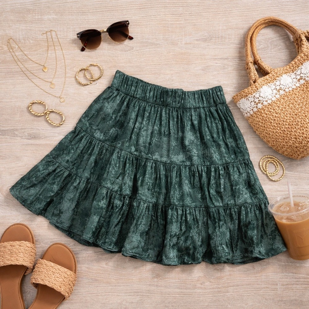 Shelby Ranch Boho Tiered Mini Skirt Green Textured Jacquard USA Made